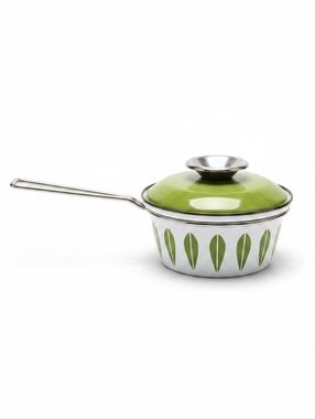 Cathrineholm Lotus Small Enamel Sauce Pot/Pan W/ Lid Metal Handle MCM 50s/60s